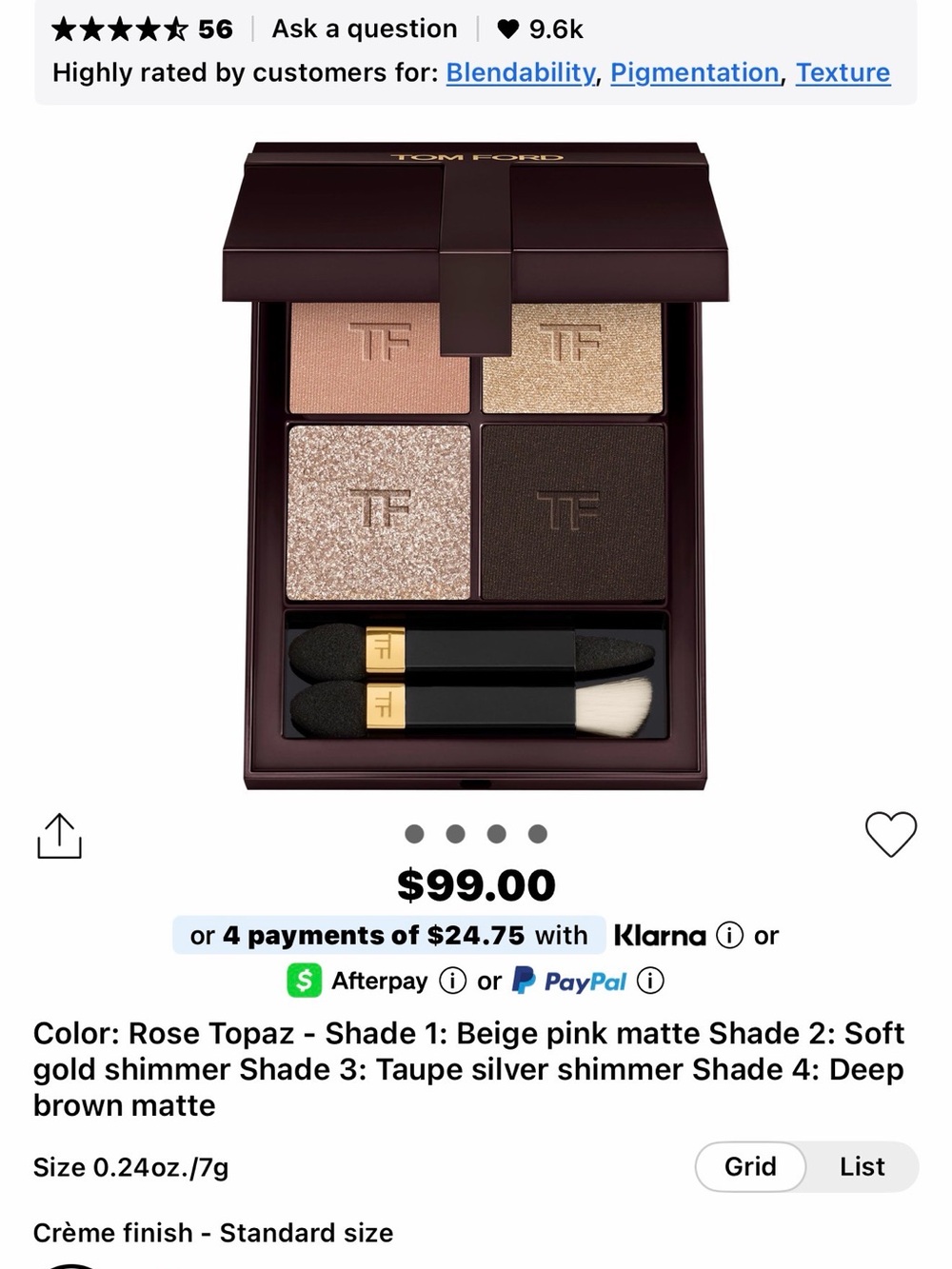 Tom Ford Rose Topaz Eyeshadow Quad - Beige Pink & Deep Brown